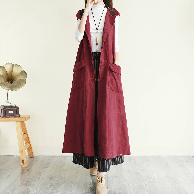 Vintage ethnique à capuche longue gilet femmes en vrac grande poche travail manuel Art grande taille sans manches veste dames Colete