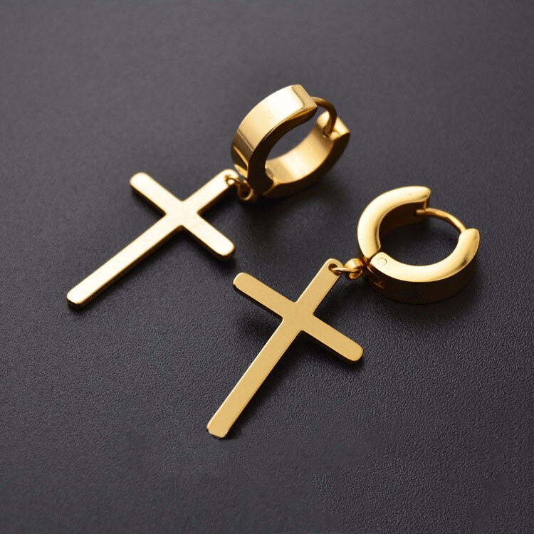 Mode Punk Gothic Zwart Rvs Oorbel Sets Kleine Cross Ster Oorringen Vrouwen Mannen Barbell Halter: 8 gold cross