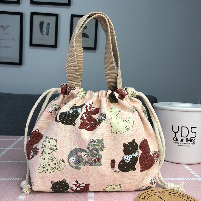 Canvas Print Picnic Lunch Bag Drawstring PortableTote Bag Food Storage Box for Women Cartoon Printing Fruit Thermal Bags: 11