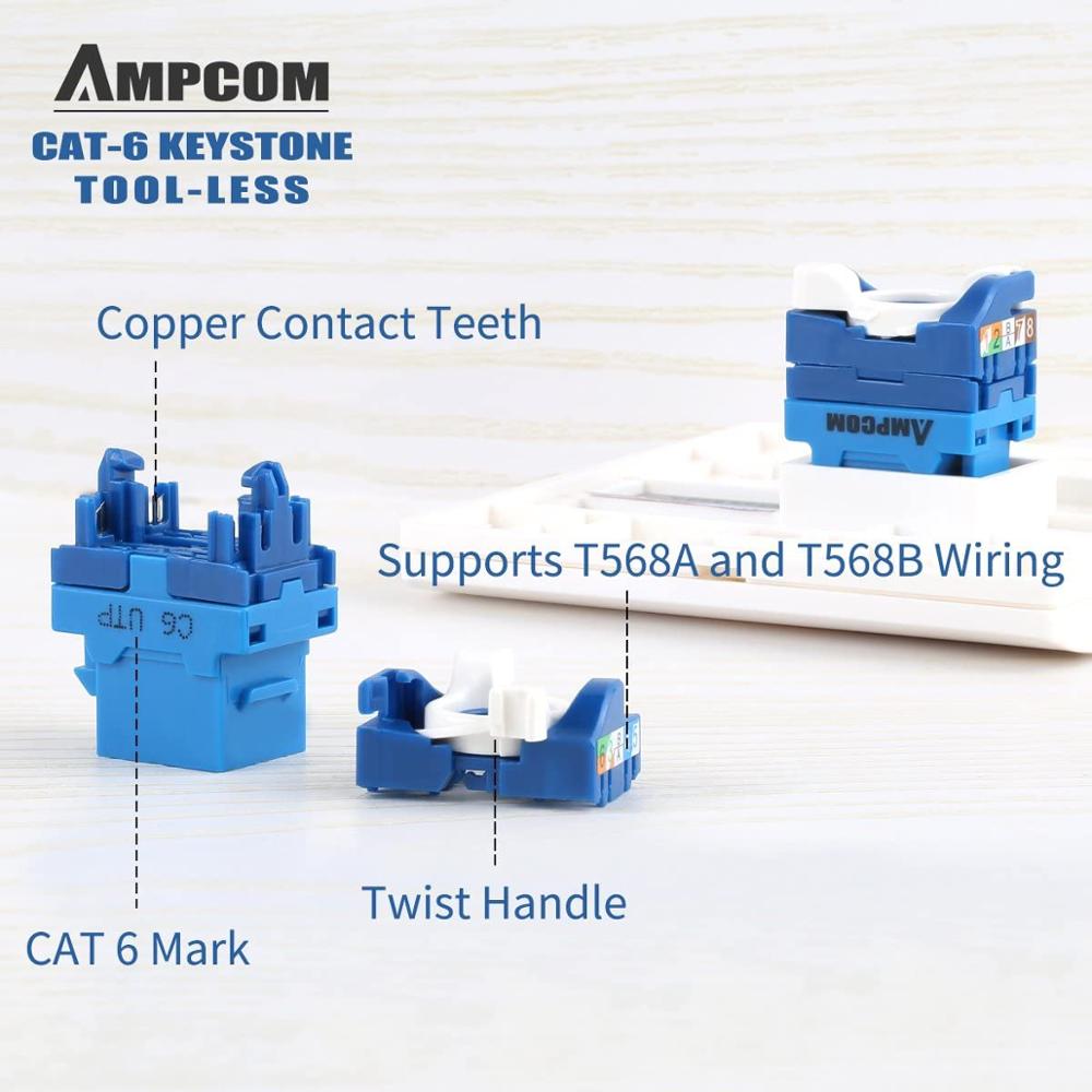 AMPCOM 10-Pack CAT6 RJ45 Tool-Less Keystone Jack, No Punch Down Tool Required UTP Module Connector Blue