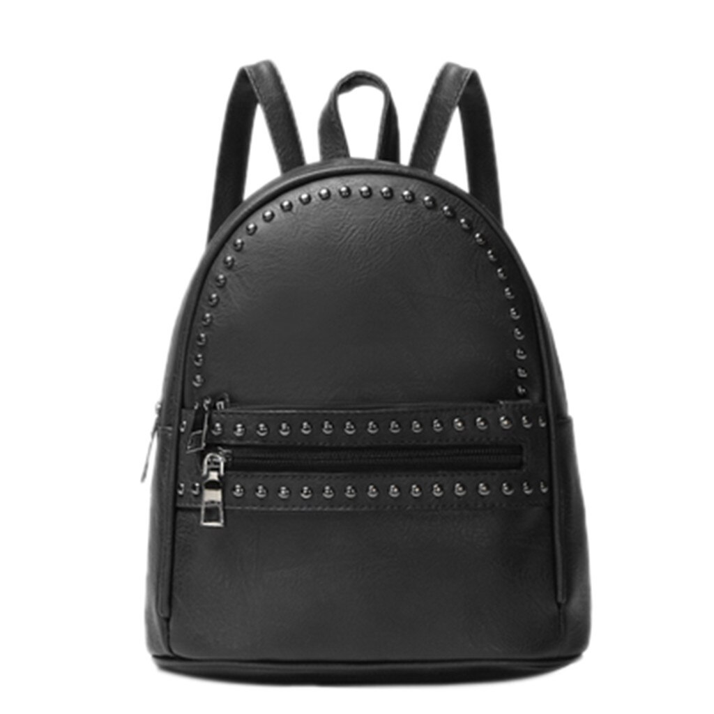 PU Leder Frauen Rucksack Weibliche Schwarz Retro Rucksäcke Kleine Zipper Niet Taschen Student Rucksack Solide Rucksack Für Mädchen