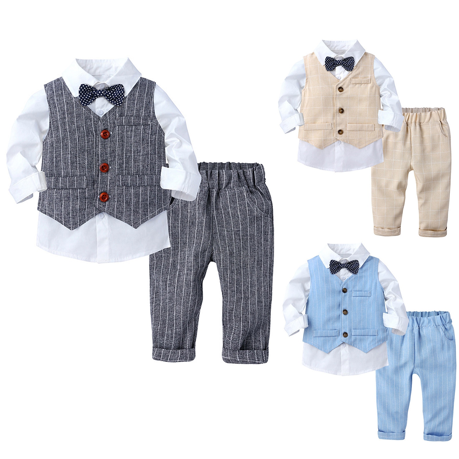 Jongens Bruiloft Verjaardag Outfit Baby Doop Pak Peuter Gentleman Party Kleding Kid Lange Mouwen Shirt + Vest + Broek 3 stuks Formele Pak