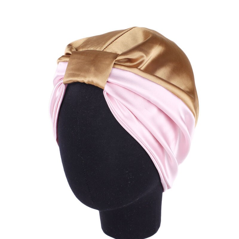 Gorro de satén para salón de belleza, gorro de noche para pelo rizado Natural, doble elástico, para dormir, para mujer: khaki pink