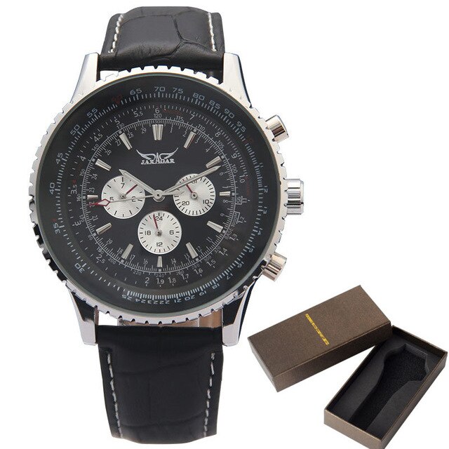 Jaragar Luxe Top Mannen Mechanische Horloges Automatische 6 Handen Lederen Band Horloges Big Dial Voor Man Horloges: blackbox