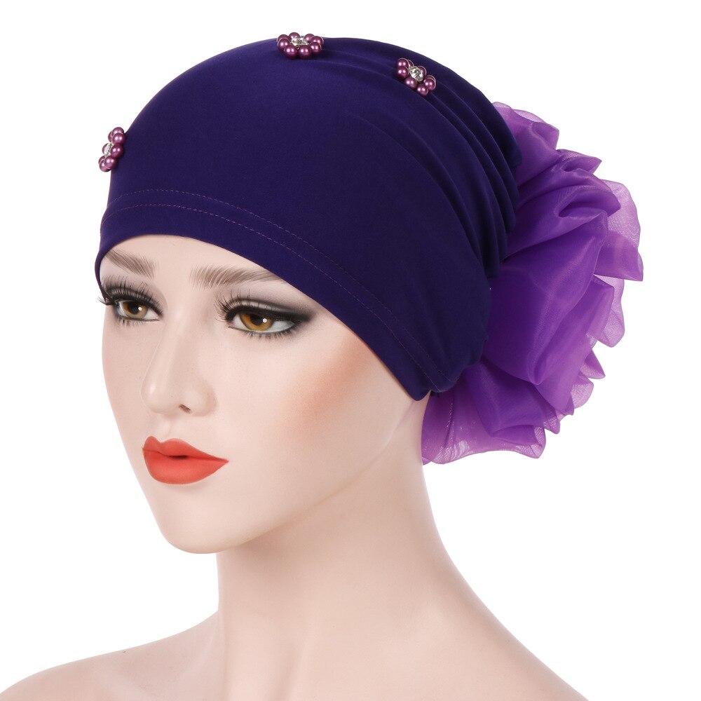 Braid Faux Pearl Muslim Women Turban Hat Solid Color Cap Hijab Headwrap