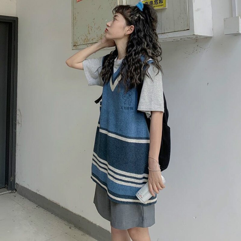 Chaleco Retro sin mangas de estilo coreano para mujer, suéteres tejidos a rayas, estilo Preppy, con cuello en V, informal, combina con todo