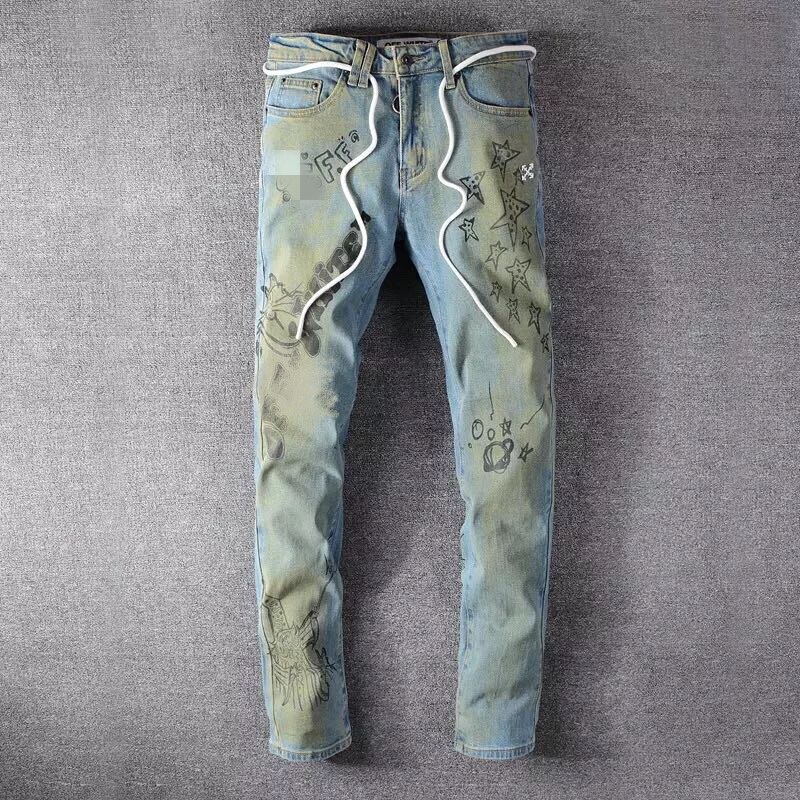 men's Large Size 28-40 Streetwear Printed denim Pants print Slim Fit Ripped Jeans Male trousers