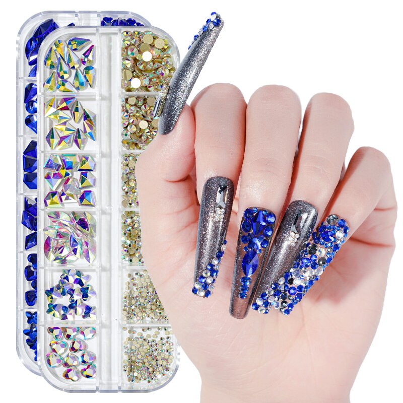 12 gördar blandade storlekar klein blå diamanter nagel strass 3d nail art dekor flatback glänsande kristall 3d glitter ädelstenar strass 1 låda