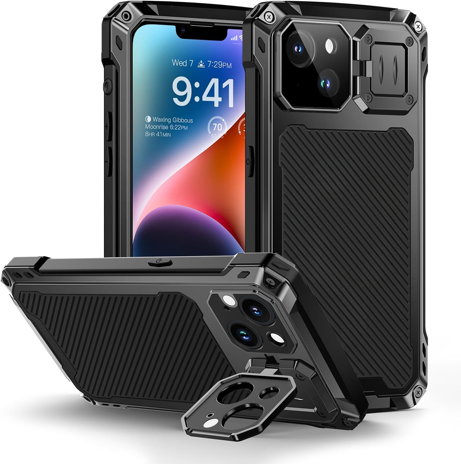 Voor iPhone 14 15 16 Pro Max Plus Aluminium Metal Armor Magnetische Telefoon Gevallen Lens Stand Screen Protector Zware Schokbestendige Cover: Katoenen stof / Black