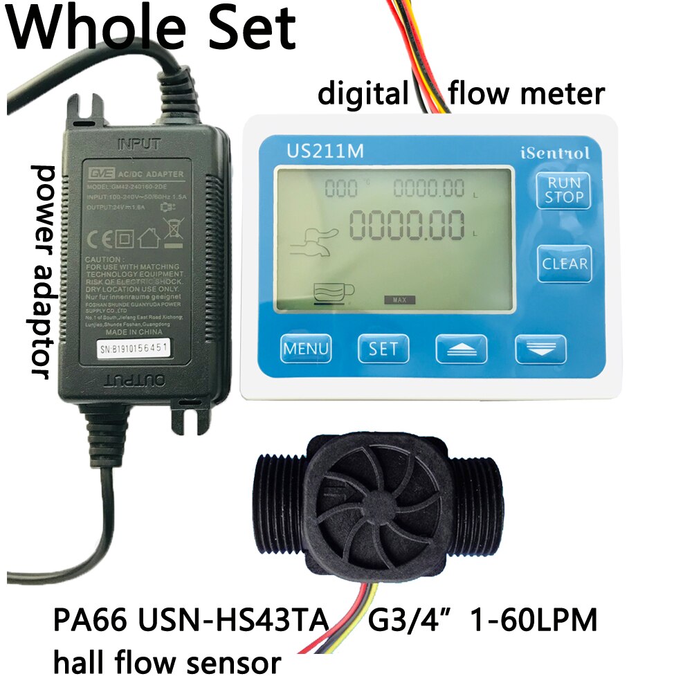 Débitmètre numérique US211M et USN-HS43TA mesure de débit totalisateur G3/4 "avec capteur de débit d'eau en Nylon débitmètre à Turbine iSentro: Whole set
