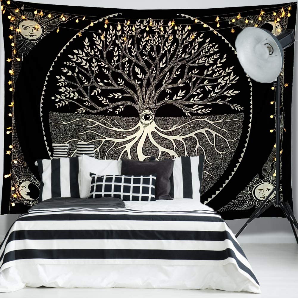 Soleil lune étoile noir et blanc arbre tenture murale Mandala bohême ascendance maison décoration couverture pour chambre salon