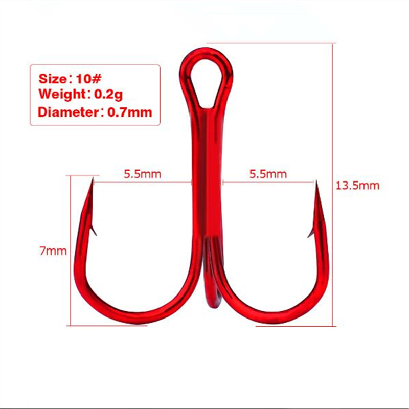 10 Stks/partij Rood Drie Vishaak High Carbon Staal Treble Vernietigd Haken Visgerei Ronde Bocht Treble Voor Bass