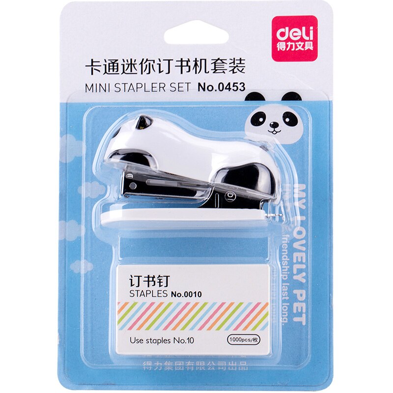 Deli-Mini juego de grapas de dibujos animados Kawaii Panda, 1000 unidades, grapas 24/6, suministros escolares de oficina para 40 hojas, encuadernación