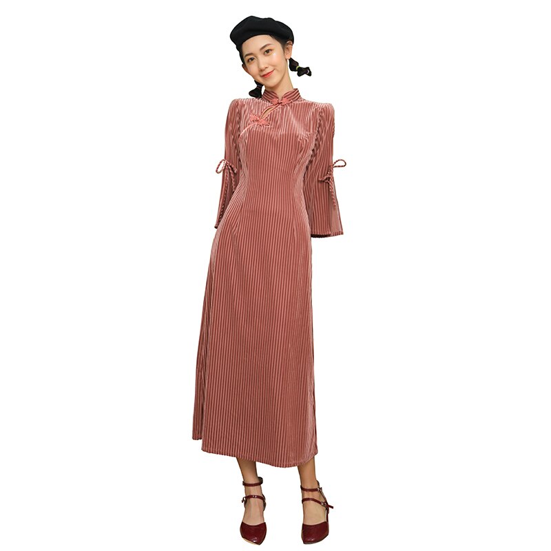 Vestidos de mujer elegantes primavera otoño terciopelo dorado chino nuestro vestido cheongsam mangas acampanadas cheongsam Midi-Vestidos largos