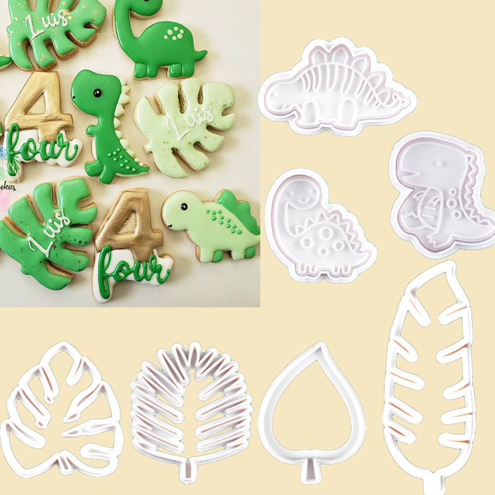1Set Dier Bladeren Cookie Mold Dinosaurus Biscuit Cutter Food Grade Plastic Diy Bakken Tools Voor Jungle Verjaardag Cupcake Benodigdheden