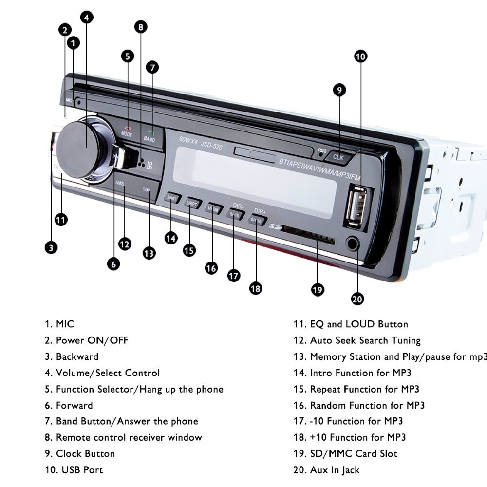Autoradio 1 Din Auto Radio Bluetooth 12V Car Audio Speler Mp3 60Wx4 Fm Radio Muziek Usb/Sd Met in Dash Aux Input