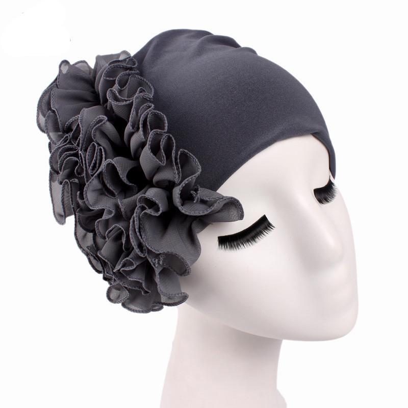 Frauen Muslimischen Rüschen Blume Turban Motorhaube Hütte Bandana Chemo Kappen wickeln Kopftuch: Grau