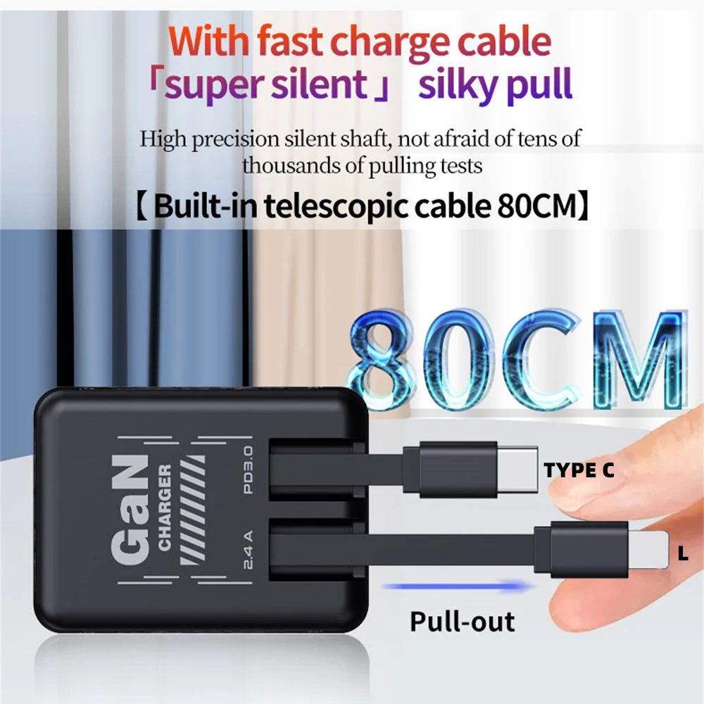 GaN 20W Snellader met intrekbare Type-C kabel, snellaadadapter voor iPhone 17 16 15 14 13 12 11 iPad