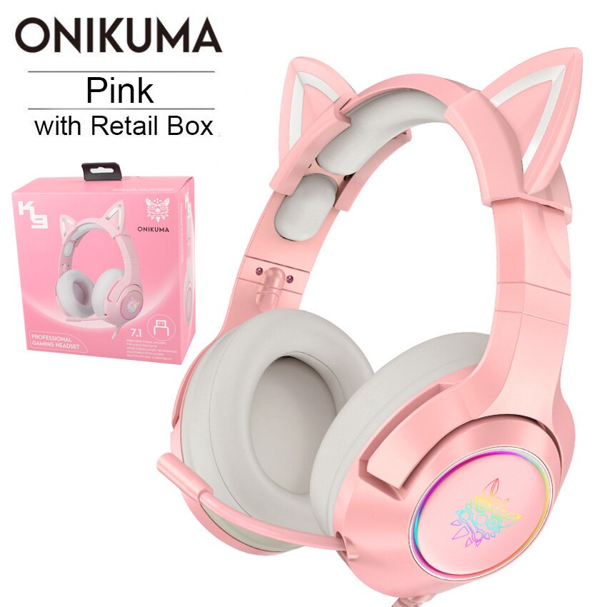 ONIKUMA K9 USB Gaming Headset casque Pink Cat Ear 7.1 Surround Sound Stereo Headphones with Mic & LED for PC Gamer: Pink with Box