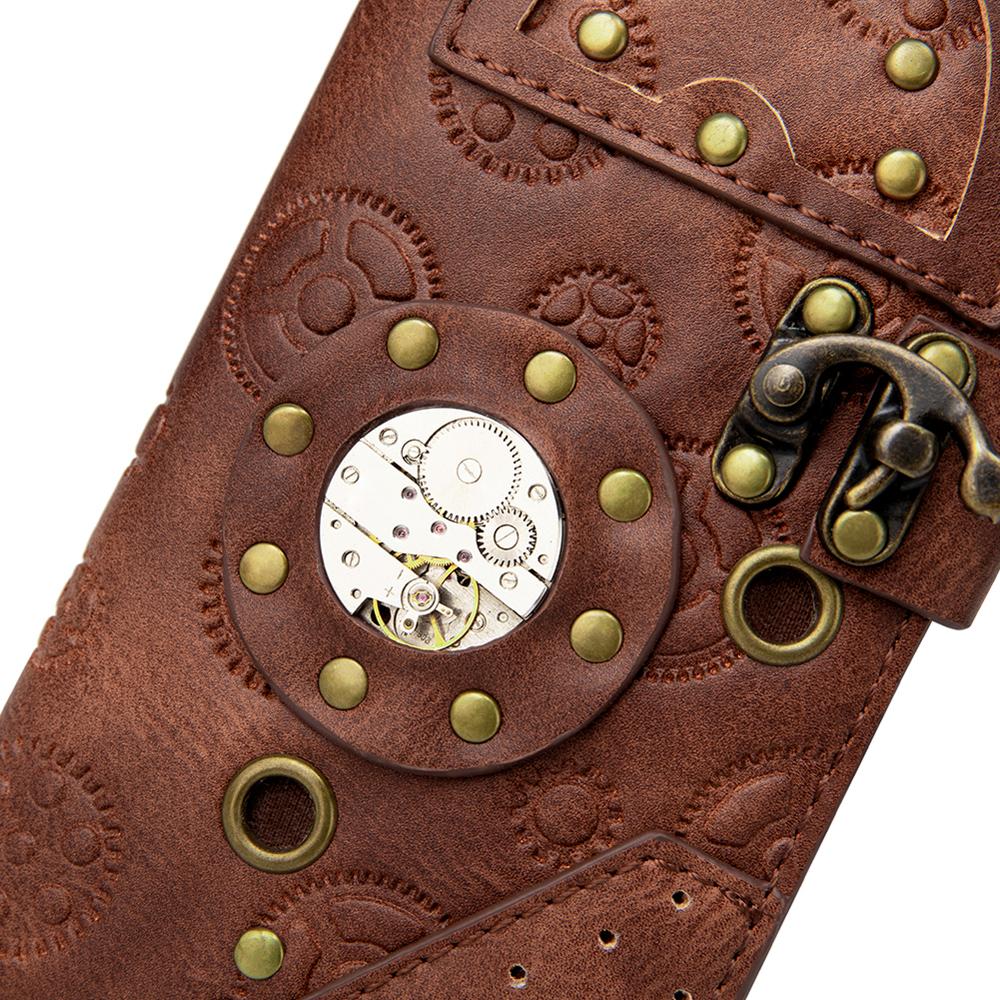 Steampunk dames portemonnee met lange print, versnellingen, leren dames portemonnee met gesp en klinknagel, portemonnee met europese kaarthouder, tas voor mobiele telefoon