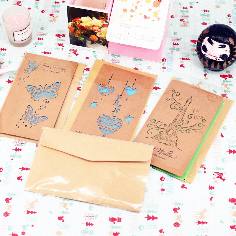 2 Sets(Envelope+Card) Hollow Kraft Paper Envelope Retro Greeting Card Blessing Birthday Invitation Card 18x10cm