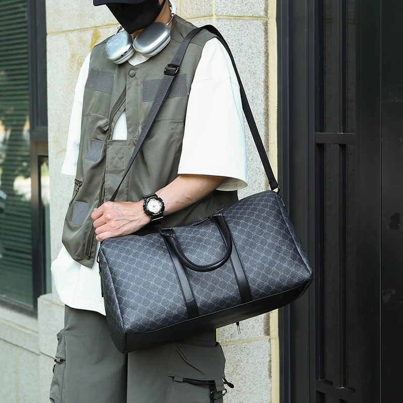 Grote zwarte reistas voor heren, zakelijke reistas, klassieke handtas met print, schoudertas voor mannen