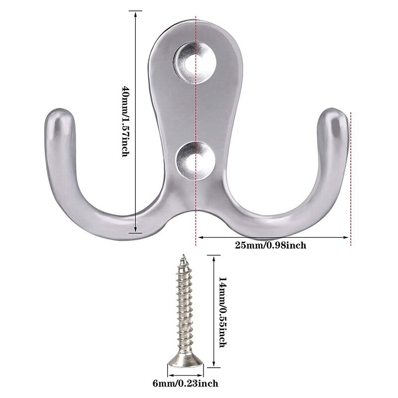 Double Prong Robe Hook With Screws, Dual Coat Hooks Wall Mounted Hanging Clothes For Bathroom Bedroom Door Wall
