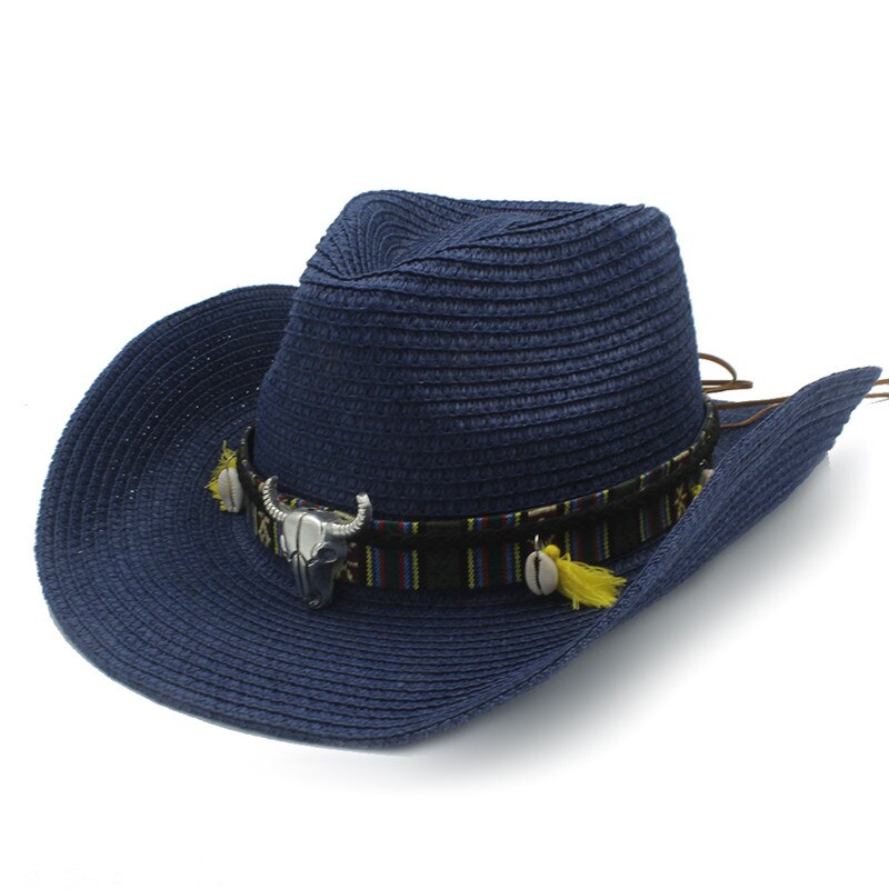 Kvinder sommer halm vestlige cowboy hat med roll up bred kant dame jazz sombrero hombre cowgirl hat: Mørkeblå
