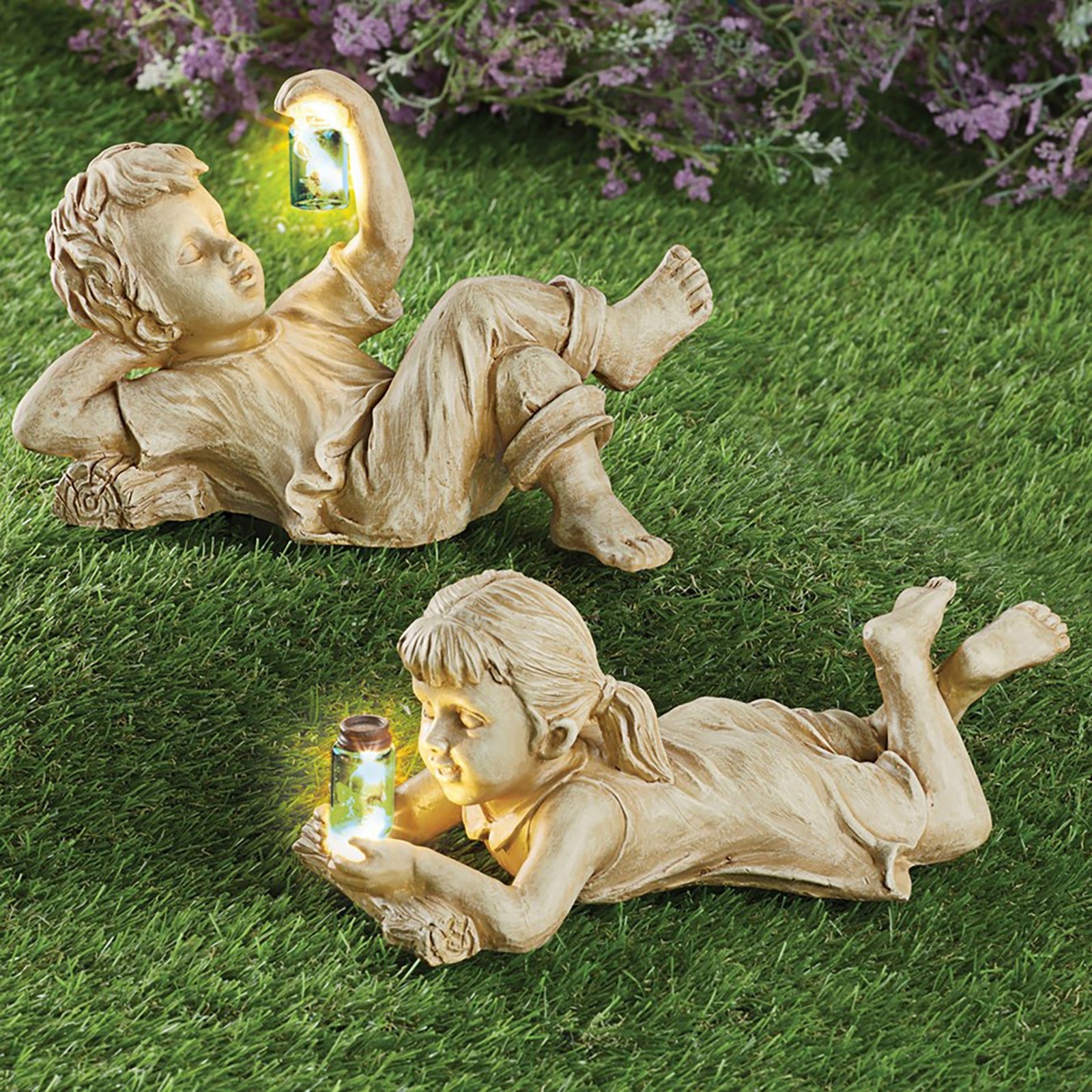 A Kid With Solar Fireflies Garden Statue Resin Jar Boy Girl Statue Whimsical Flowerbed Yard Lawn Outdoor Sculpture Decor