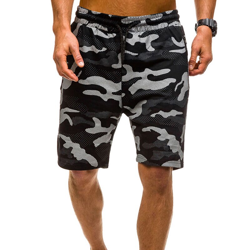 Herre camouflage trykte shorts elastisk talje snor fitness slank gym sport korte bukser mænd camo sommer shorts: M / Sort