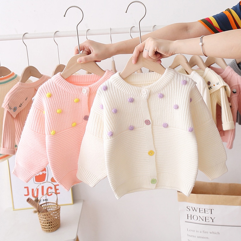Kid Baby Meisje Gebreide Top Fall Winter Trui Vest Lange Mouwen Casual Pluche Ballen Elastische Knoppen Warm Katoen Blouse 0-5Y