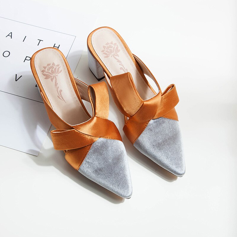 Bowknot kvinnor tofflor spetsiga tå höga klackar tofflor dam kvinnor skor zapatos mujer  n960
