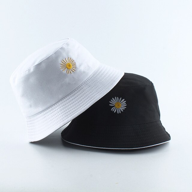neue Koreanische Rosa Kuh Druck Eimer Hütte Frauen reversibel Angeln Kappe Bob Chapeau Herbst Sommer: Weiß Schwarz Gänseblümchen