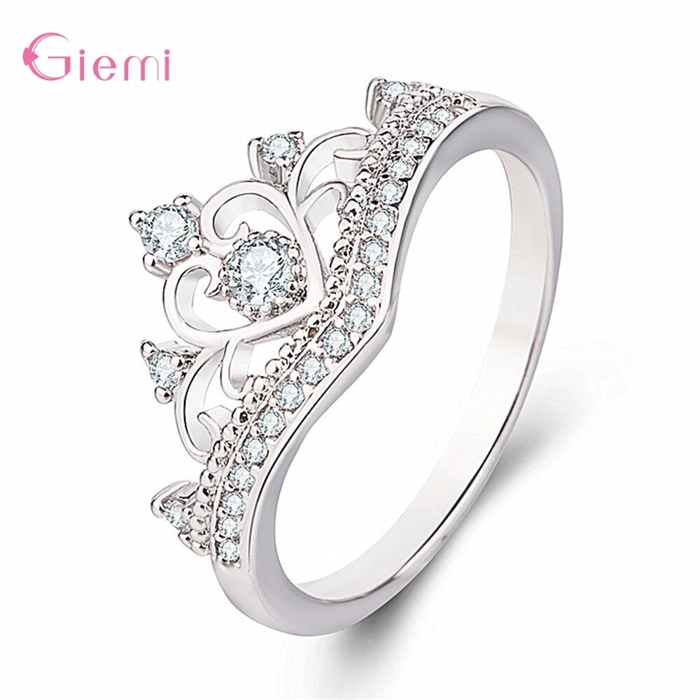 Original 925 Sterling Silver Luxury Princess Crown CZ Crystal Finger Ring For Women Girl Bridal Wedding Statement Jewelry: 5 / Silver