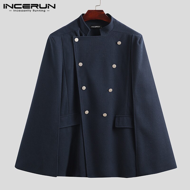 Men Cloak Coats Solid Color Double Breasted Trench Faux Fleece Blends Cape Stand Collar Mens Jackets Streetwear INCERUN