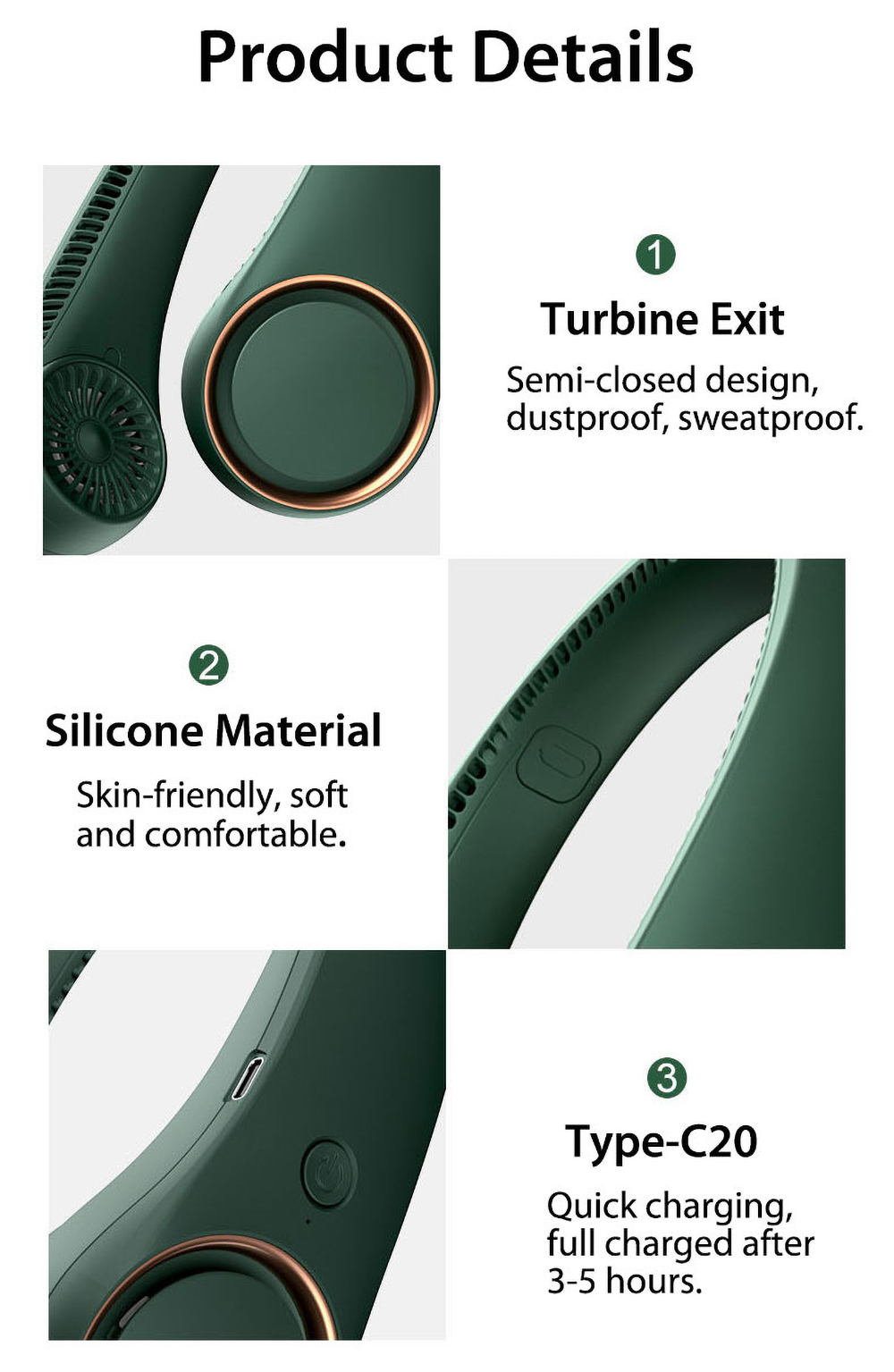 Neck Fan Rechargeable USB LED Portable Personal Cooler Hanging Neck Battery AC