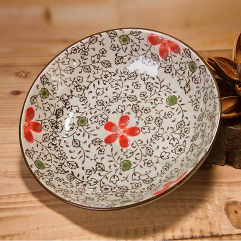 Japanese-style Plates And Bowls Round Floral Ceramic Plate Household Dinner Dishes Rice Soup Noodles Bowl Tableware: D-plate