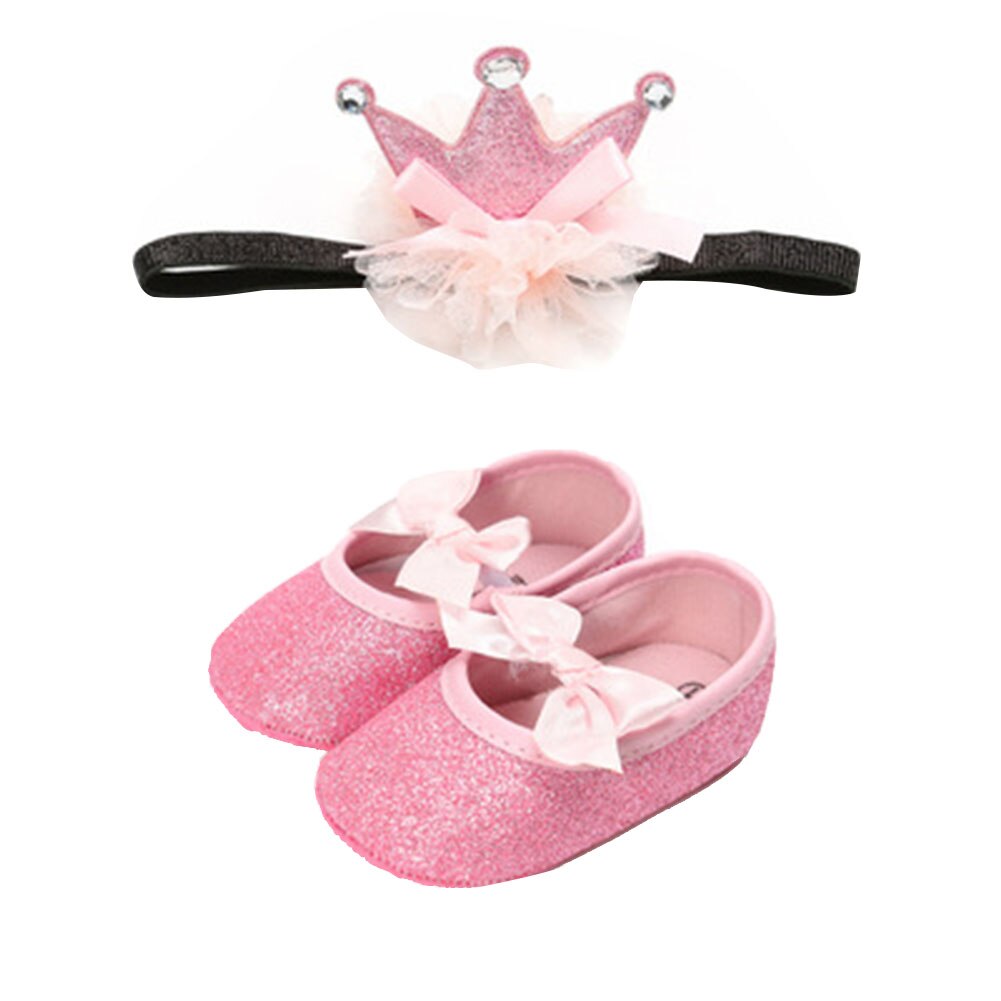 Baby flickor pu first walker skor mjuk sula halkfria skor paljett fast söta resårskor + kronhårband set 0-12m: Rosa / 7-12 månader