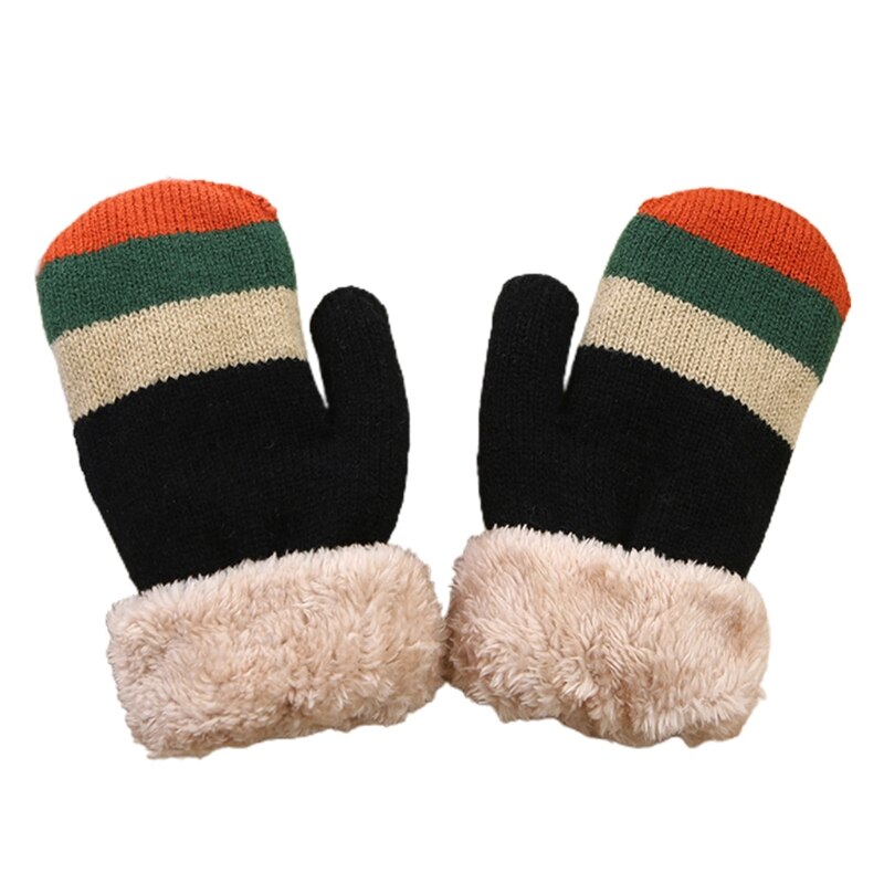 Enfant en bas âge enfants hiver peluche doublé doigt complet mitaines arc-en-ciel rayé tricoté thermique temps froid mitaines chauffe-mains: Black
