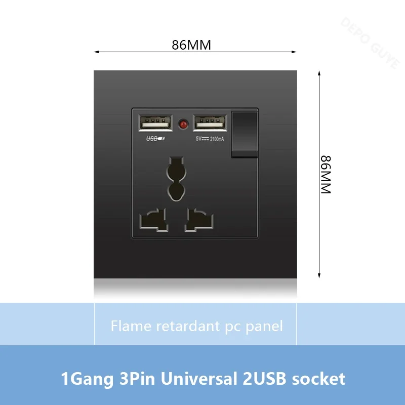 Universal 18W Type-C Plug Quick Charging Dual 3-pin Power Socket 220V,Wall electrical Socket with DC 5V 3.1A Type-c USB Charger