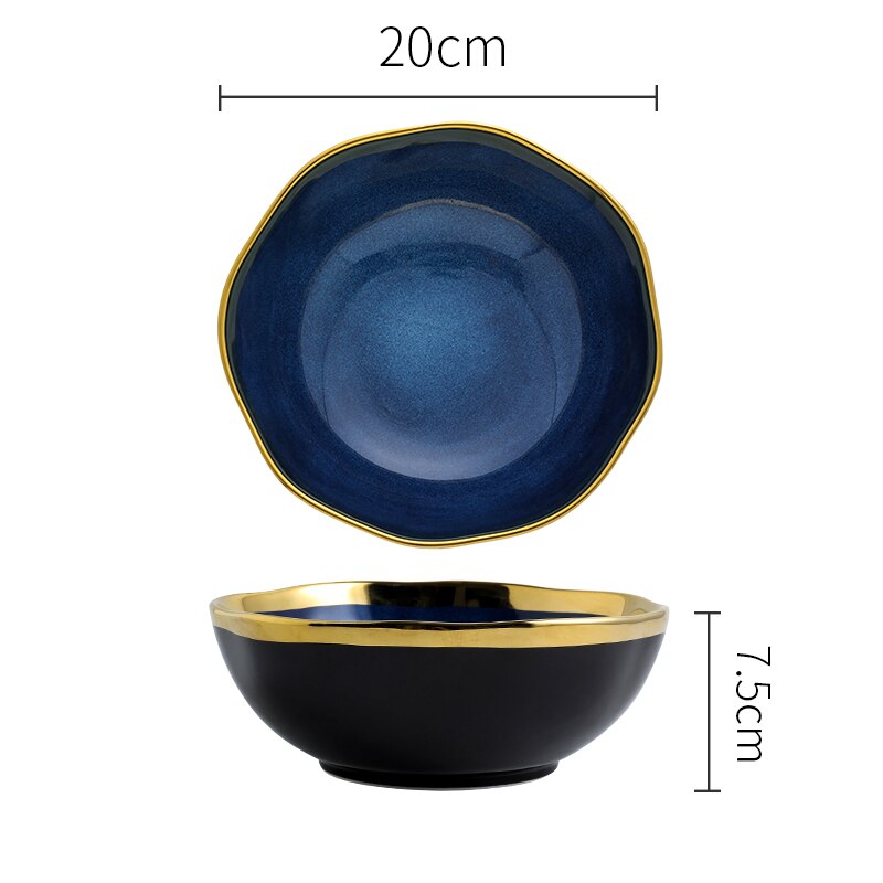 Nordic Blue Glaze Ceramic Dinner Plates and Bowls Irregular Phnom Penh Steak Plate Dessert Snack Dishes Home Tableware: C-20x20x7.5cm