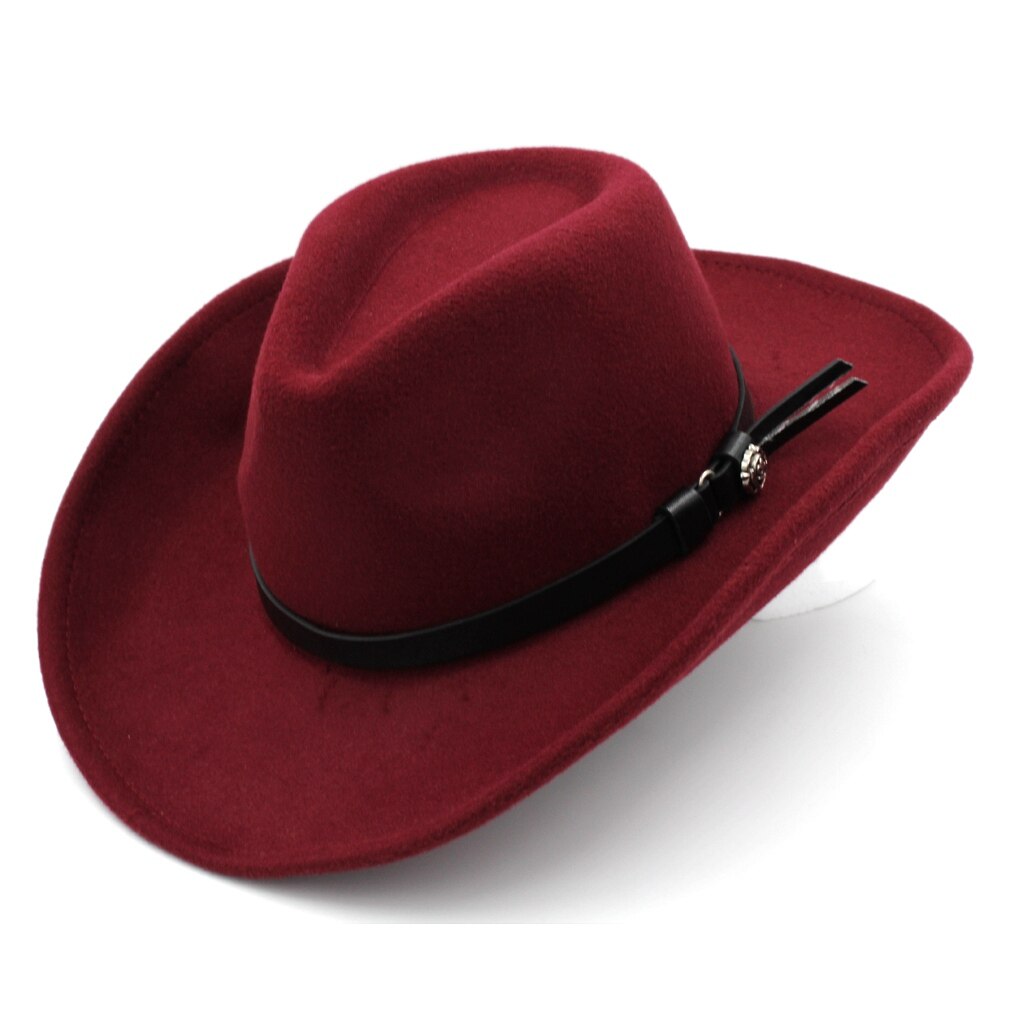 Mistdawn moda unissex mistura de lã western cowboy boné chapéu superior ao ar livre borda larga praia chapéu jazz sombrero padrinho boné cinto preto: wine red