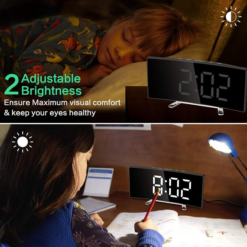 Digitale Wekker, 7 Inch Gebogen Dimbare Led Sn Digitale Klok Voor Kinderen Slaapkamer, wit Grote Aantal Klok, Snooze Functie