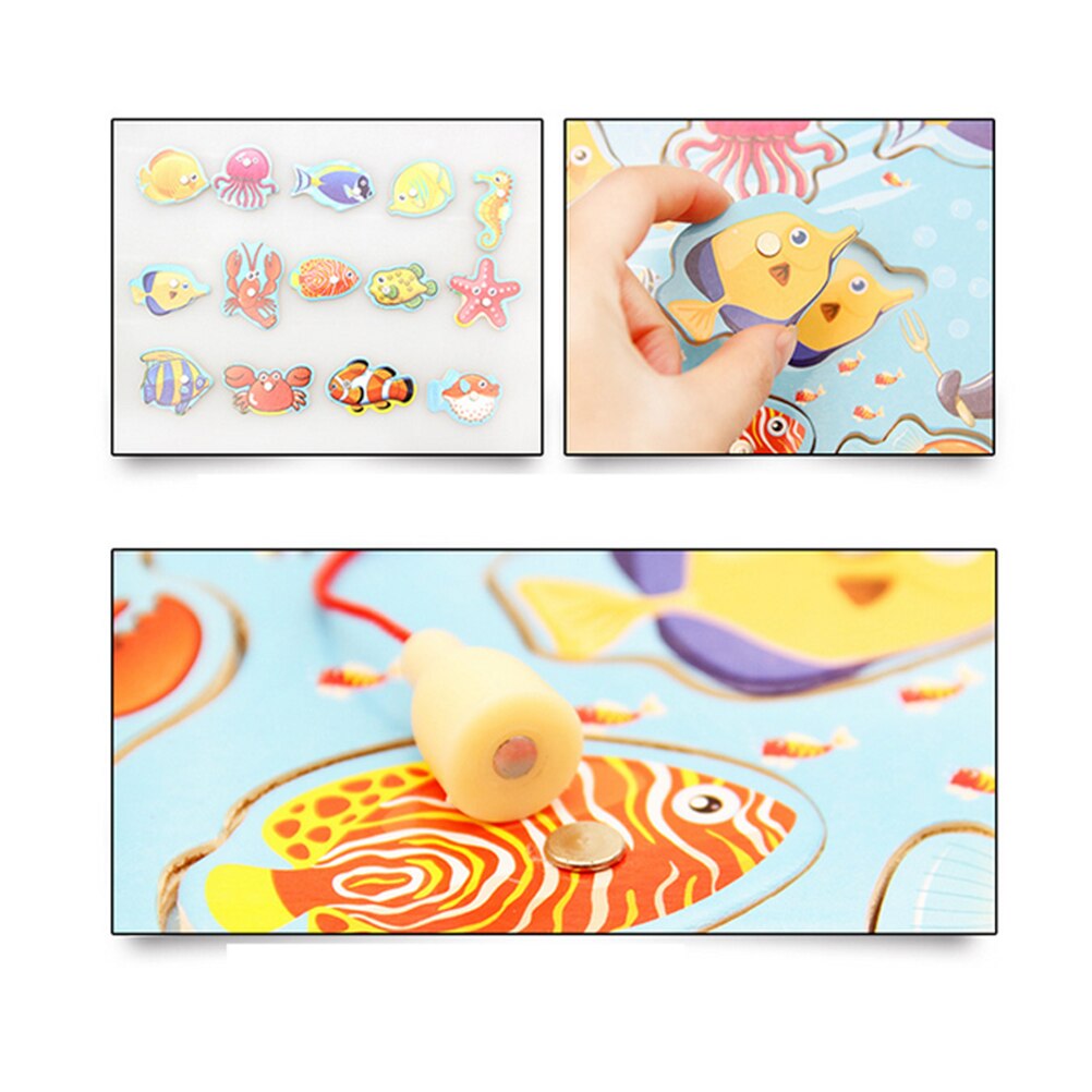 Baby Educational Toys Magnetic Wooden Puzzles Game Fishing Toys With 14 Fishes And 2 Magnetic Poles Learning Educational Toys