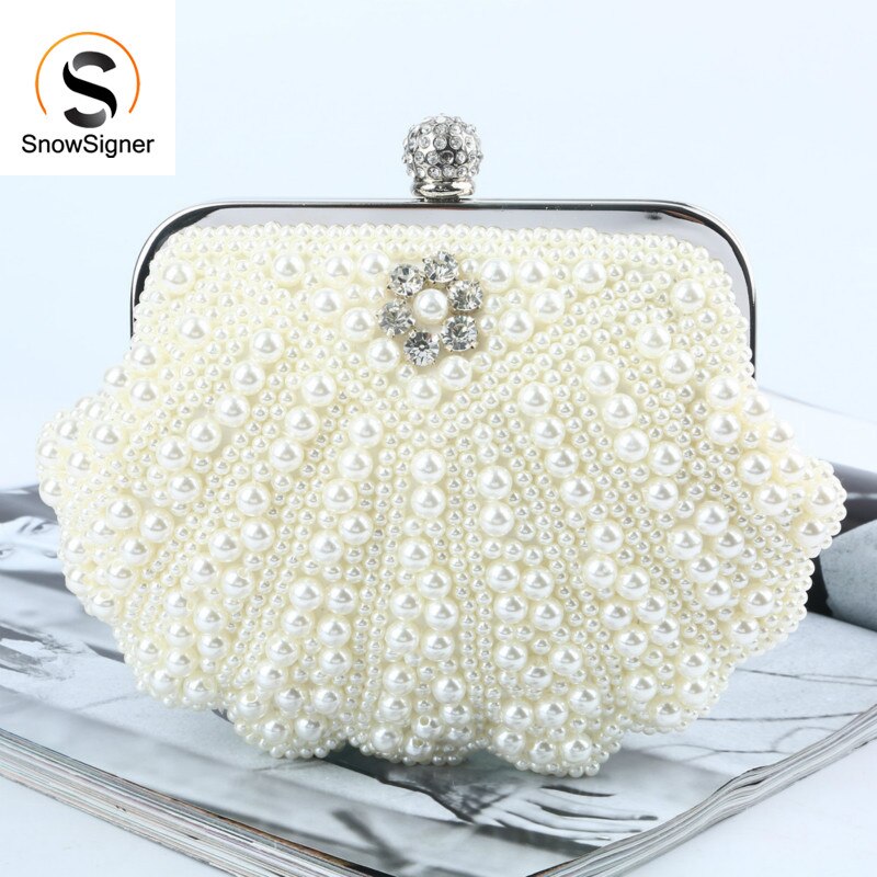 Luxury Pearl Shell Women Evening Bags Beaded Handmade Diamonds Chan Shoulder Messenger Bag Crystal Wedding Evening Bag