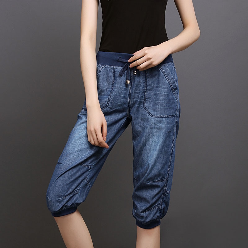 Plus size jeans kvinna mellan midja kvinnor haremsbyxor sommar femme lätt tvättad lös bomull vadlånga byxor 3xl 4xl