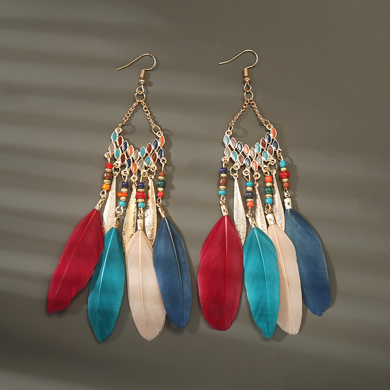 Pendientes bohemios largos de plumas colgantes para Mujer, Pendientes largos de playa con borlas, Pendientes esmaltados de flores hechos a mano, Pendientes de boda para novia para Mujer: Chapado en zinc azul