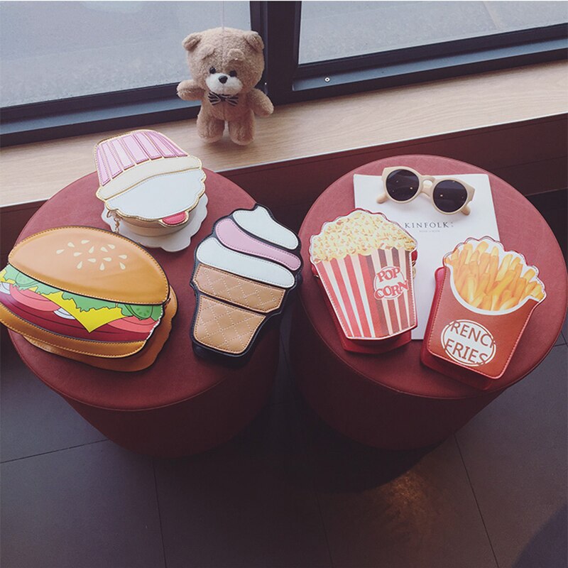 Creatieve Stijl Vrouw Hamburger Ijs Schoudertassen Cupcake Pu Chains Tassen Leuke Hamburger Popcorn Fries 3D Messenger Bags