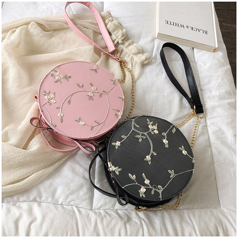 de bolsos redondos de encaje, bolsos cruzados de piel sintética de para mujer, bolsos de hombro con cadena de flores frescas pequeñas para mujer