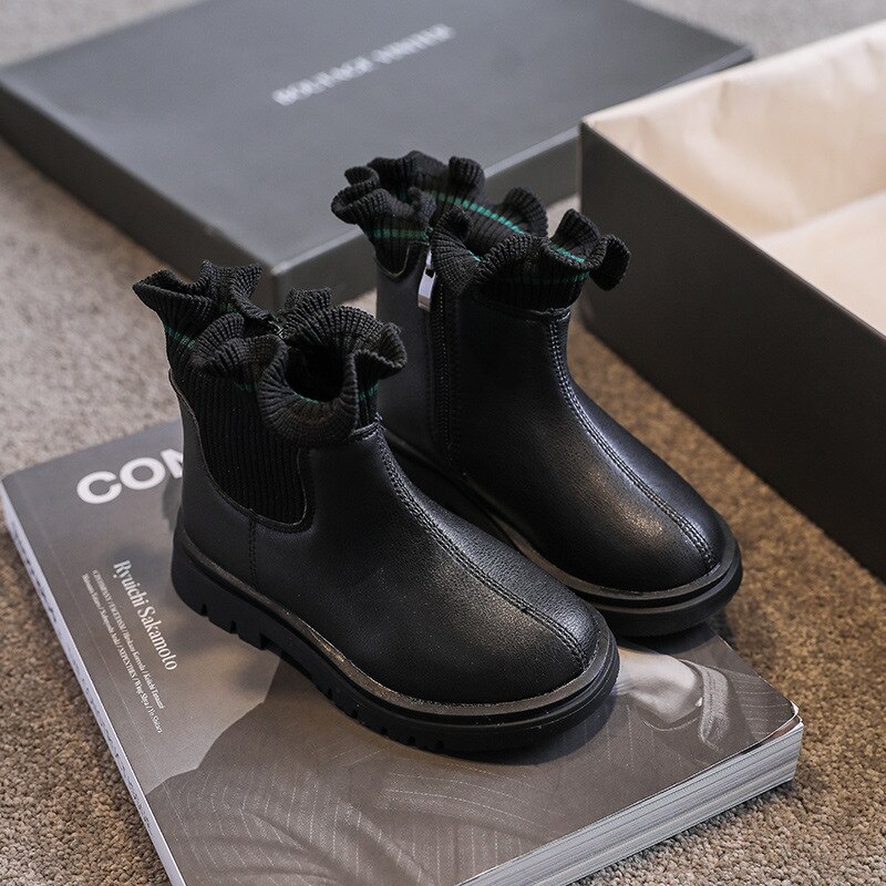 Maat 22-31 meisjes antislip casual schoenen kinderen slijtvaste sokken laarzen baby lichtgewicht zachte onderkant zijkant rits martin laarzen: Zwart / 25